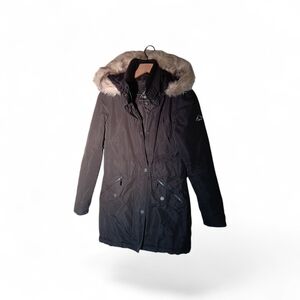 Women's Black Puffer Coat with Faux Fur Hood